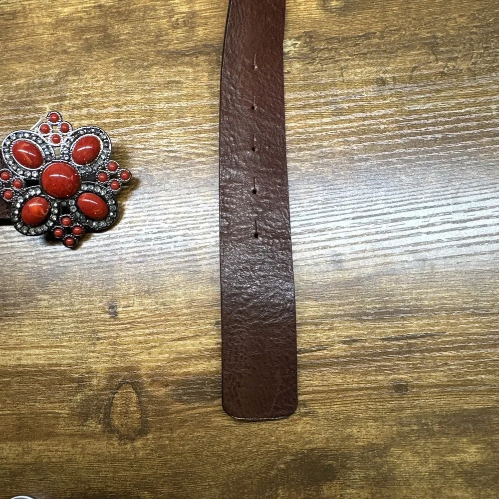 Harold's Leather Belt Brown ‎ MADE IN ITALY Red Rhinestones Medium Boho Western